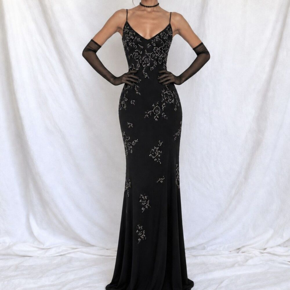 Vintage Y2K 90s Black Floral Beaded Maxi Bodycon Formal Prom Dress Size XS/S